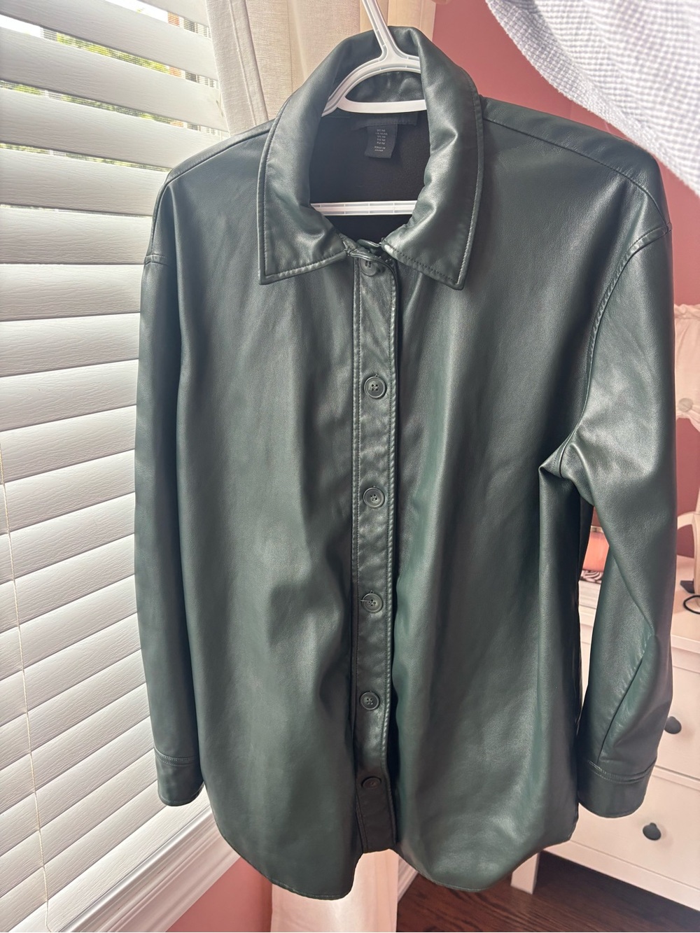 Womens Forest Green Faux Leather Button-Up Jacket